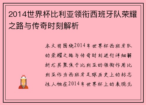 2014世界杯比利亚领衔西班牙队荣耀之路与传奇时刻解析